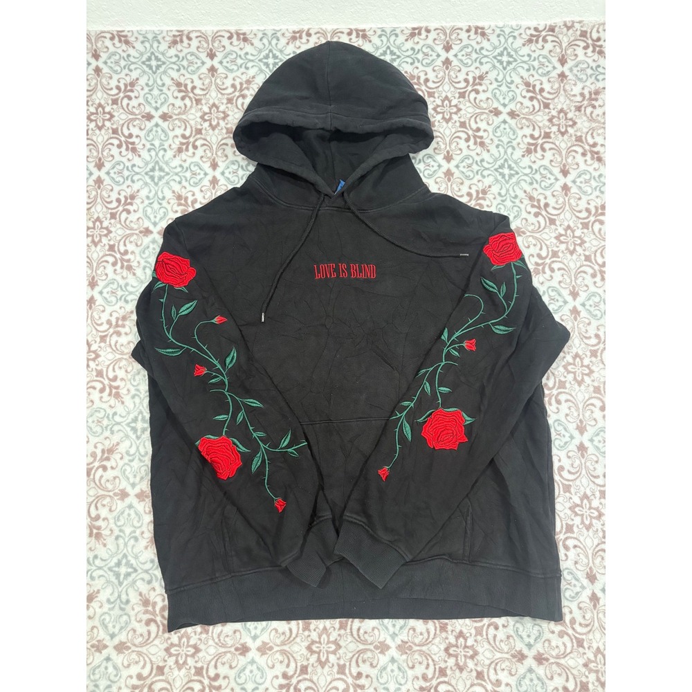 H&M Divided Love Is Blind Rose Embroidered Black Hoodie XL Mens Sweatshirt
